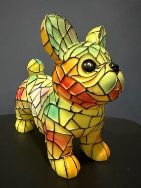 New French Bulldog Yellow Stained-Glass Looking Mosaic Sculpture with Light